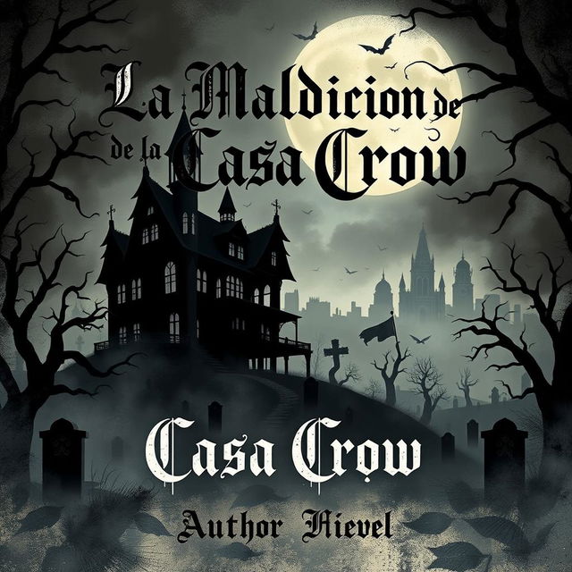 A Macabre Illustrated style book cover for a horror novel titled 'La Maldición de la Casa Crow', set in a haunted city in Texas