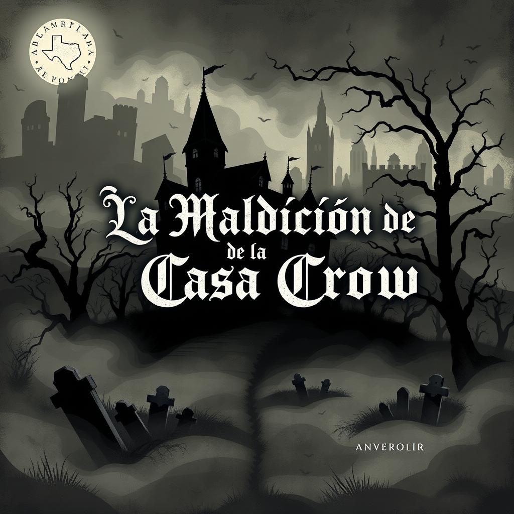 A Macabre Illustrated style book cover for a horror novel titled 'La Maldición de la Casa Crow', set in a haunted city in Texas