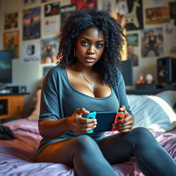 A beautiful 26-year-old dark-skinned gamer girl with a fit and voluptuous body, 165 centimeters tall, and curly hair, portrayed in a sexy yet casual outfit