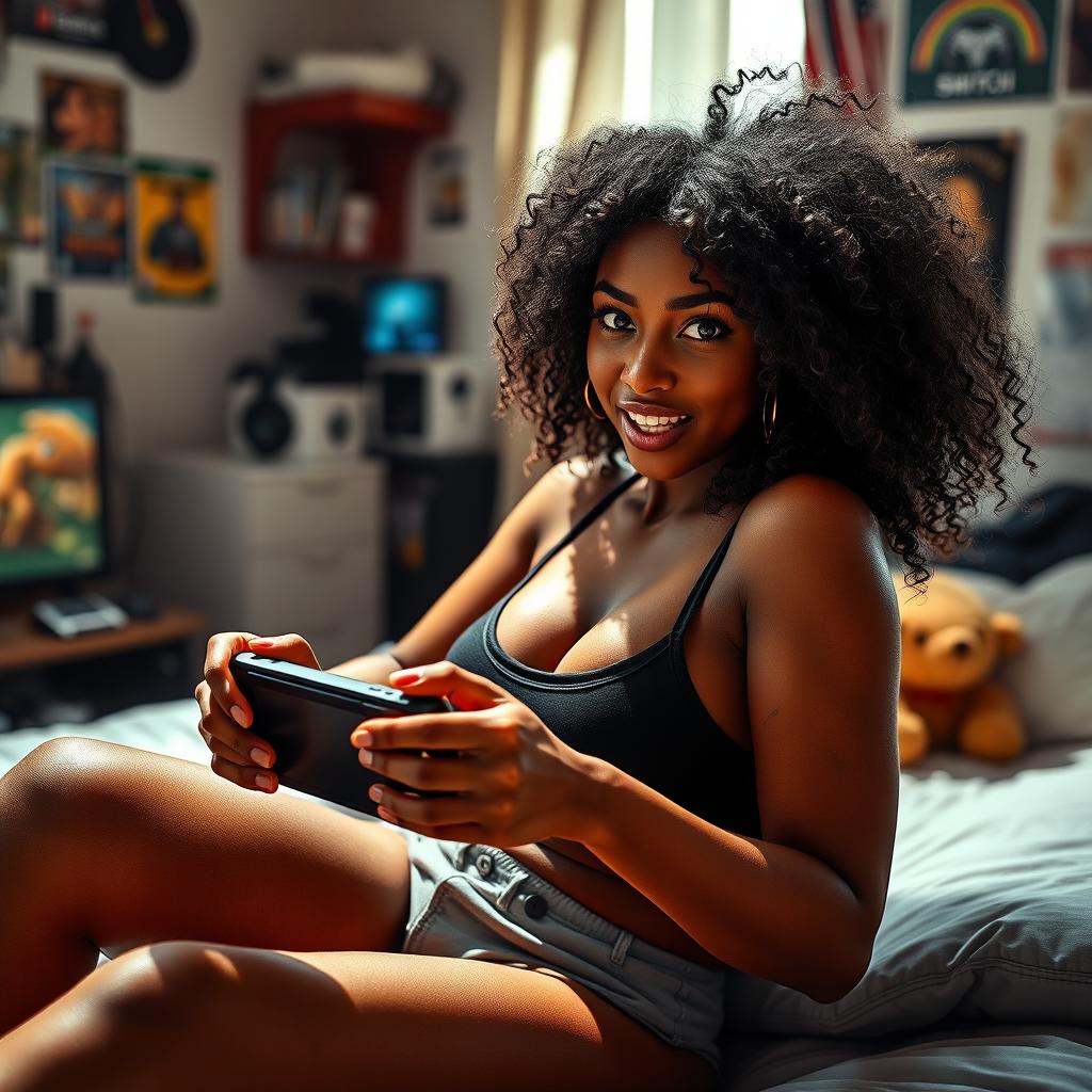 A beautiful 26-year-old dark-skinned gamer girl with a fit and voluptuous body, 165 centimeters tall, and curly hair, portrayed in a sexy yet casual outfit