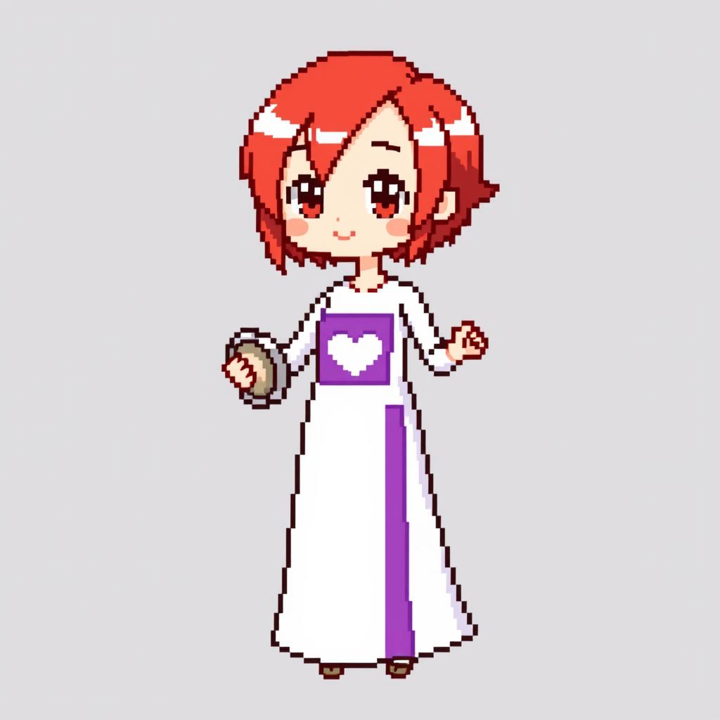 A chibi-style pixel art character of a girl dancing, wearing a long two-piece dress that is predominantly white with a rectangular purple stripe in the middle