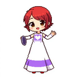 A chibi-style pixel art character of a girl dancing, wearing a long two-piece dress that is predominantly white with a rectangular purple stripe in the middle