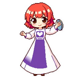 A chibi-style pixel art character of a girl dancing, wearing a long two-piece dress that is predominantly white with a rectangular purple stripe in the middle