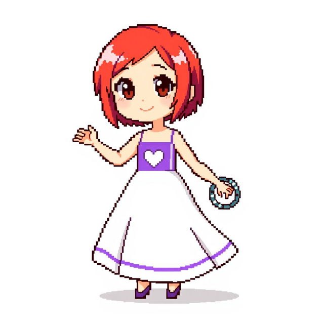 A chibi-style pixel art character of a girl dancing, wearing a long two-piece dress that is predominantly white with a rectangular purple stripe in the middle