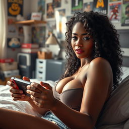 A beautiful 26-year-old dark-skinned gamer girl with a fit body, 165 centimeters tall, and voluptuous curly hair, depicted in a sexy yet casual outfit