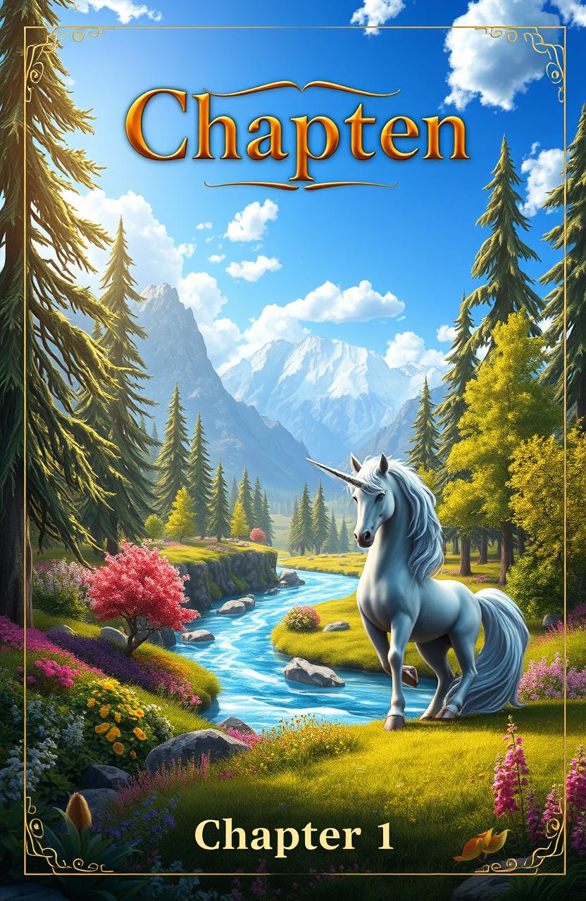 A captivating book cover for Chapter 1, featuring an enchanting fantasy landscape