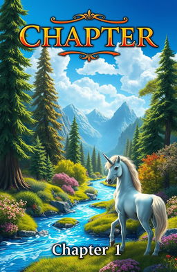 A captivating book cover for Chapter 1, featuring an enchanting fantasy landscape