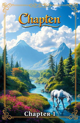 A captivating book cover for Chapter 1, featuring an enchanting fantasy landscape