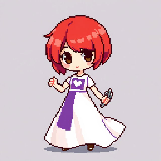 A pixel art representation of a chibi-style girl dancing, wearing a long two-piece dress that is predominantly white with a rectangular purple section in the center