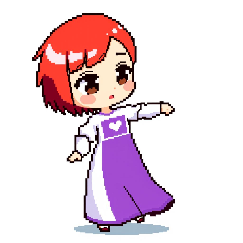 A pixel art representation of a chibi-style girl dancing, wearing a long two-piece dress that is predominantly white with a rectangular purple section in the center