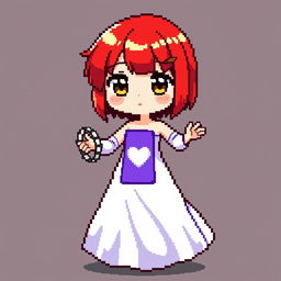A pixel art representation of a chibi-style girl dancing, wearing a long two-piece dress that is predominantly white with a rectangular purple section in the center