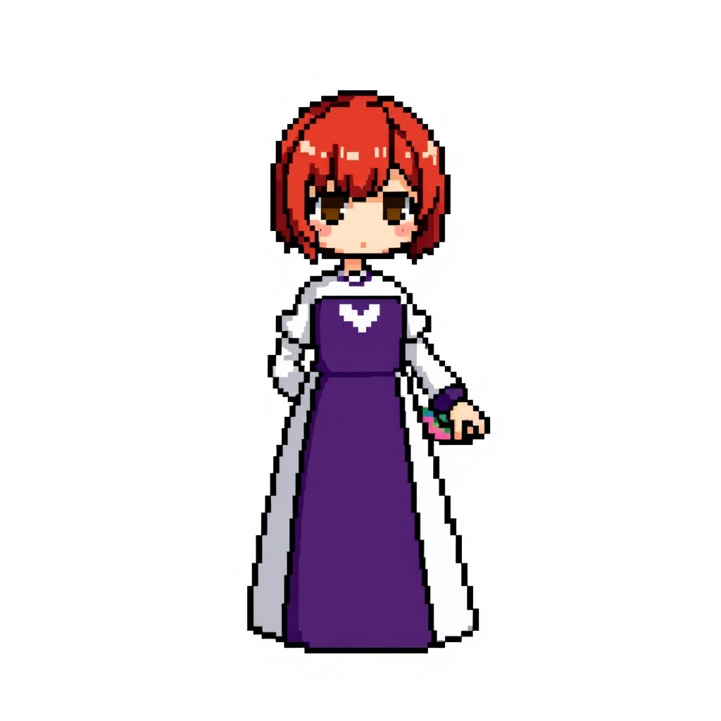 A pixel art character in a chibi style, featuring a girl wearing a long, two-piece dress