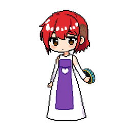 A pixel art character in a chibi style, featuring a girl wearing a long, two-piece dress