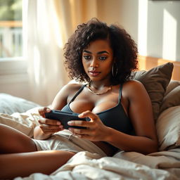 A beautiful 18-year-old dark-skinned gamer girl with a fit body, 165 centimeters tall, and voluptuous curly hair, showcased in a sexy yet casual outfit