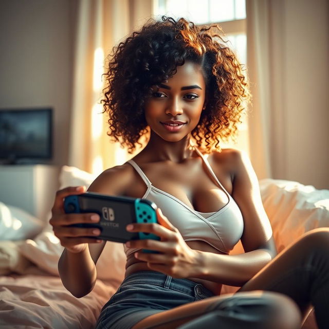 A beautiful 18-year-old dark-skinned gamer girl with a fit body, 165 centimeters tall, and voluptuous curly hair, showcased in a sexy yet casual outfit