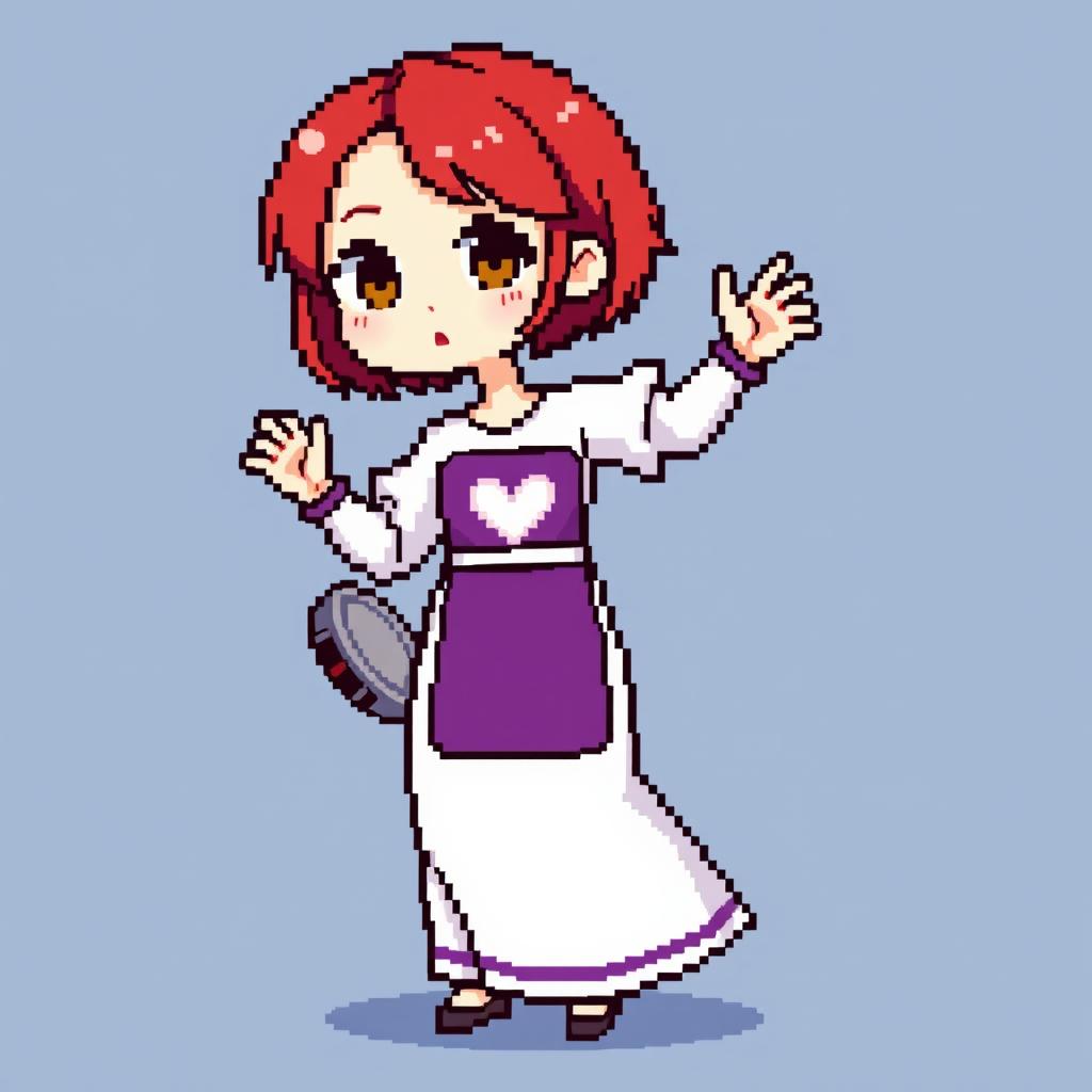 A chibi-style pixel art character of a girl dancing, wearing a long two-piece dress that is primarily white with a rectangular purple section in the middle