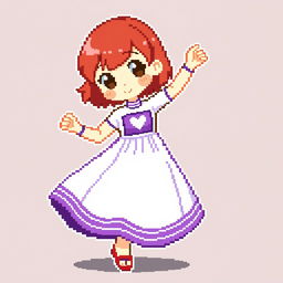 A chibi-style pixel art character of a girl dancing, wearing a long two-piece dress that is primarily white with a rectangular purple section in the middle