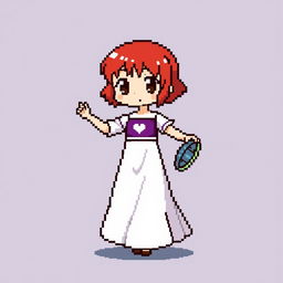 A chibi-style pixel art character of a girl dancing, wearing a long two-piece dress that is primarily white with a rectangular purple section in the middle