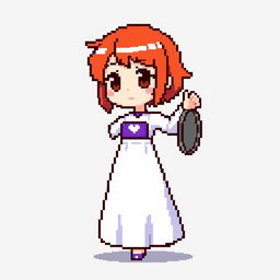 A chibi-style pixel art character of a girl dancing, wearing a long two-piece dress that is primarily white with a rectangular purple section in the middle