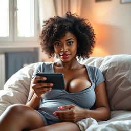 A stunning 18-year-old dark-skinned gamer girl with a fit physique, standing at 165 centimeters tall, featuring voluptuous curly hair and dressed in a sexy yet casual outfit