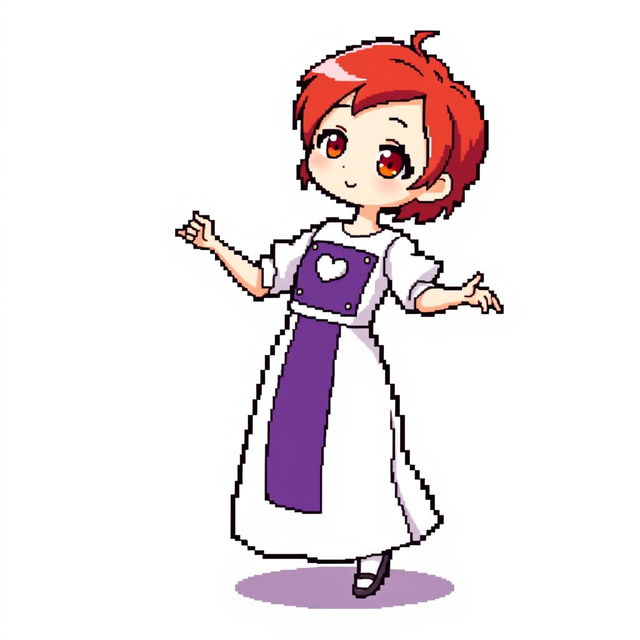 Pixel art of a chibi girl dancing, featuring a long two-piece dress that is predominantly white with a purple rectangular section in the middle