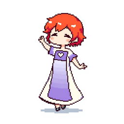 Pixel art of a chibi girl dancing, featuring a long two-piece dress that is predominantly white with a purple rectangular section in the middle
