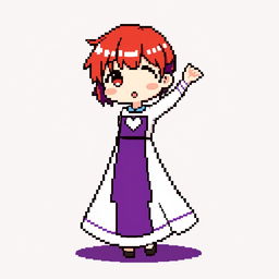 Pixel art of a chibi girl dancing, featuring a long two-piece dress that is predominantly white with a purple rectangular section in the middle