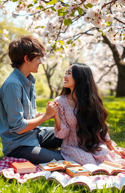 A sweet and romantic scene between two high school students in a lush green park