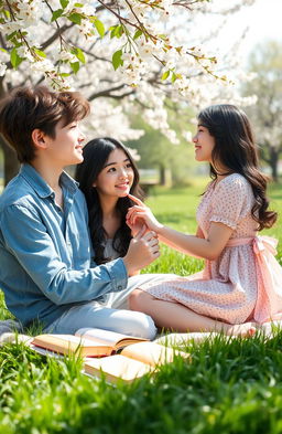 A sweet and romantic scene between two high school students in a lush green park