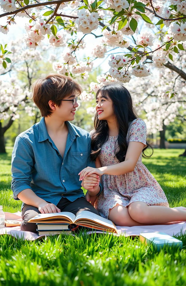 A sweet and romantic scene between two high school students in a lush green park