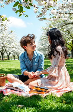A sweet and romantic scene between two high school students in a lush green park