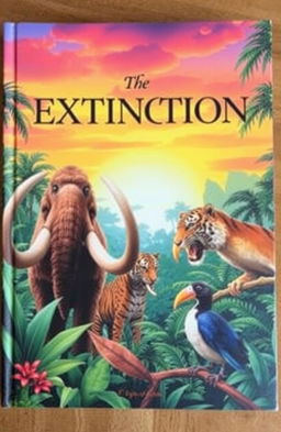 A captivating book cover showcasing a variety of extinct animals in a vibrant, jungle-like setting