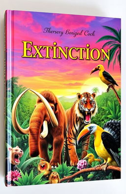 A captivating book cover showcasing a variety of extinct animals in a vibrant, jungle-like setting