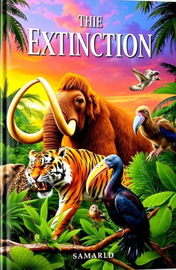 A captivating book cover showcasing a variety of extinct animals in a vibrant, jungle-like setting