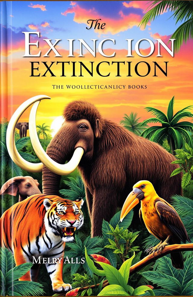 A captivating book cover showcasing a variety of extinct animals in a vibrant, jungle-like setting