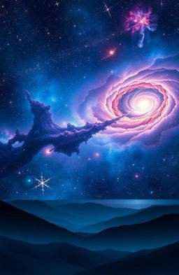 A stunning book cover design depicting a vast, mesmerizing universe filled with vibrant nebulae, swirling galaxies, and sparkling stars