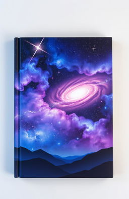 A stunning book cover design depicting a vast, mesmerizing universe filled with vibrant nebulae, swirling galaxies, and sparkling stars