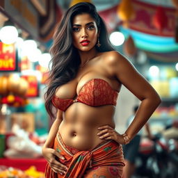 A sexy South Asian woman with a voluptuous figure, showcasing her curvy body and emphasizing her big breasts and cleavage
