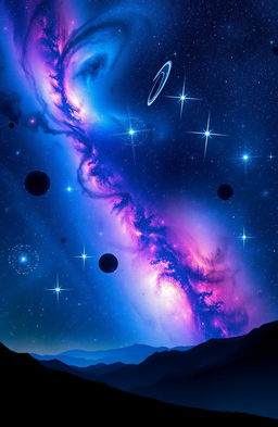 A stunning book cover design depicting a vast, mesmerizing universe filled with vibrant nebulae, swirling galaxies, and sparkling stars