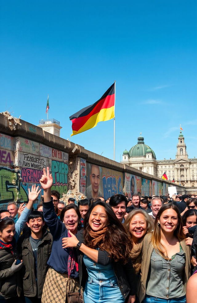 A historical depiction of the fall of East Germany, capturing the moment of the Berlin Wall's collapse with crowds of people celebrating, emotions of joy and liberation, segments of the wall crumbling, vibrant graffiti on the wall, a clear blue sky above, historical buildings in the background, flags waving, with a diverse group of individuals from different backgrounds embracing and smiling, really emphasizing the sense of freedom and unity in a moment of change