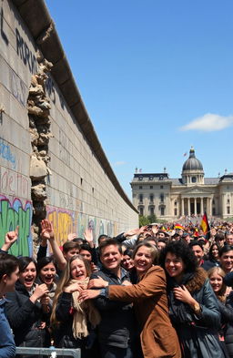 A historical depiction of the fall of East Germany, capturing the moment of the Berlin Wall's collapse with crowds of people celebrating, emotions of joy and liberation, segments of the wall crumbling, vibrant graffiti on the wall, a clear blue sky above, historical buildings in the background, flags waving, with a diverse group of individuals from different backgrounds embracing and smiling, really emphasizing the sense of freedom and unity in a moment of change