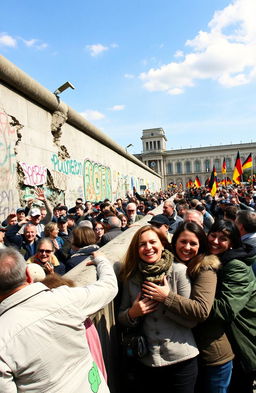 A historical depiction of the fall of East Germany, capturing the moment of the Berlin Wall's collapse with crowds of people celebrating, emotions of joy and liberation, segments of the wall crumbling, vibrant graffiti on the wall, a clear blue sky above, historical buildings in the background, flags waving, with a diverse group of individuals from different backgrounds embracing and smiling, really emphasizing the sense of freedom and unity in a moment of change
