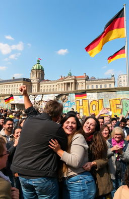 A historical depiction of the fall of East Germany, capturing the moment of the Berlin Wall's collapse with crowds of people celebrating, emotions of joy and liberation, segments of the wall crumbling, vibrant graffiti on the wall, a clear blue sky above, historical buildings in the background, flags waving, with a diverse group of individuals from different backgrounds embracing and smiling, really emphasizing the sense of freedom and unity in a moment of change