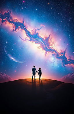 A stunning book cover set in a vast universe filled with twinkling stars and colorful nebulae