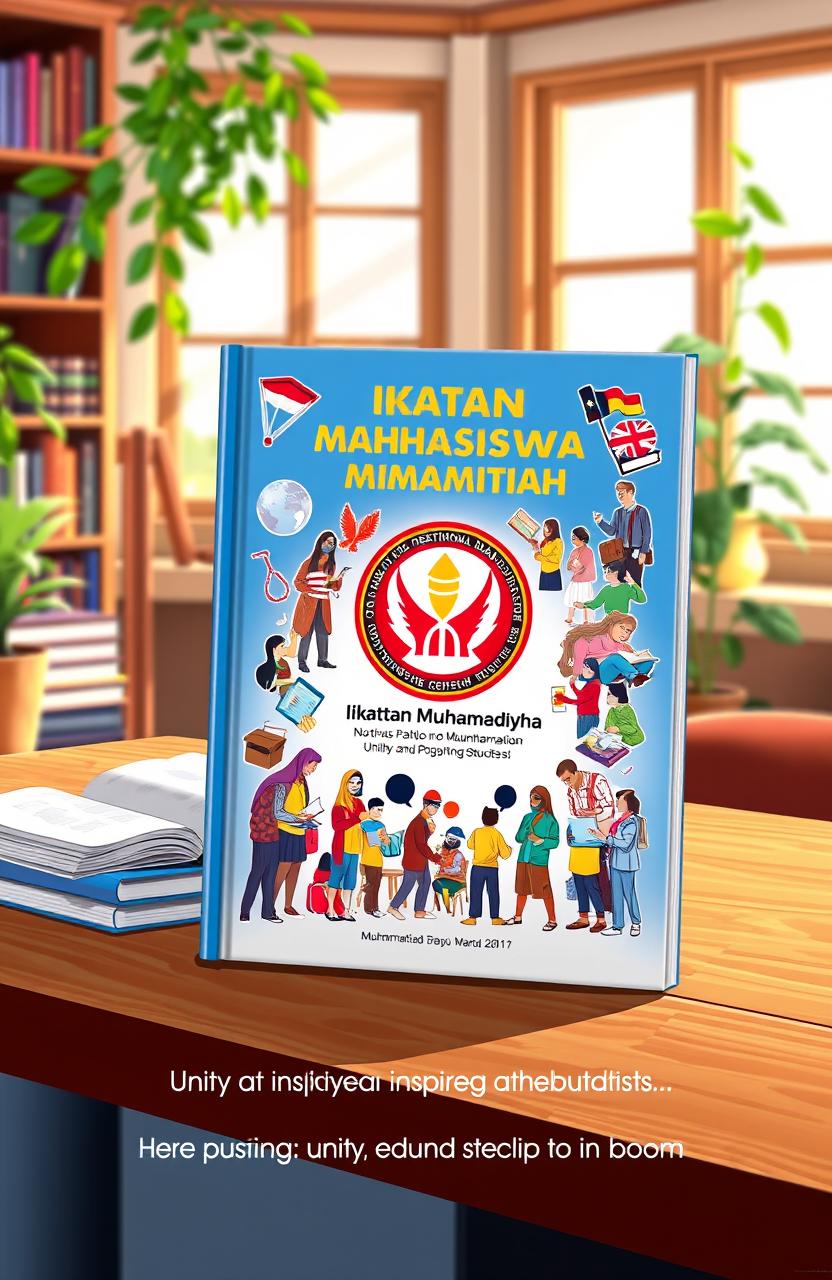 A vibrant illustration of a handbook titled 'Ikatan Mahasiswa Muhammadiyah' displayed prominently on a wooden table