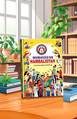 A vibrant illustration of a handbook titled 'Ikatan Mahasiswa Muhammadiyah' displayed prominently on a wooden table