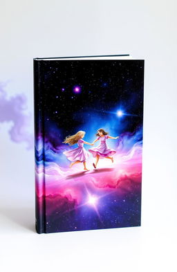 A beautiful book cover illustration set in a cosmic universe, featuring two figures joyfully chasing each other across a stunning nebula-filled space
