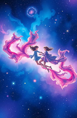 A beautiful book cover illustration set in a cosmic universe, featuring two figures joyfully chasing each other across a stunning nebula-filled space