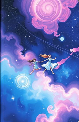 A beautiful book cover illustration set in a cosmic universe, featuring two figures joyfully chasing each other across a stunning nebula-filled space