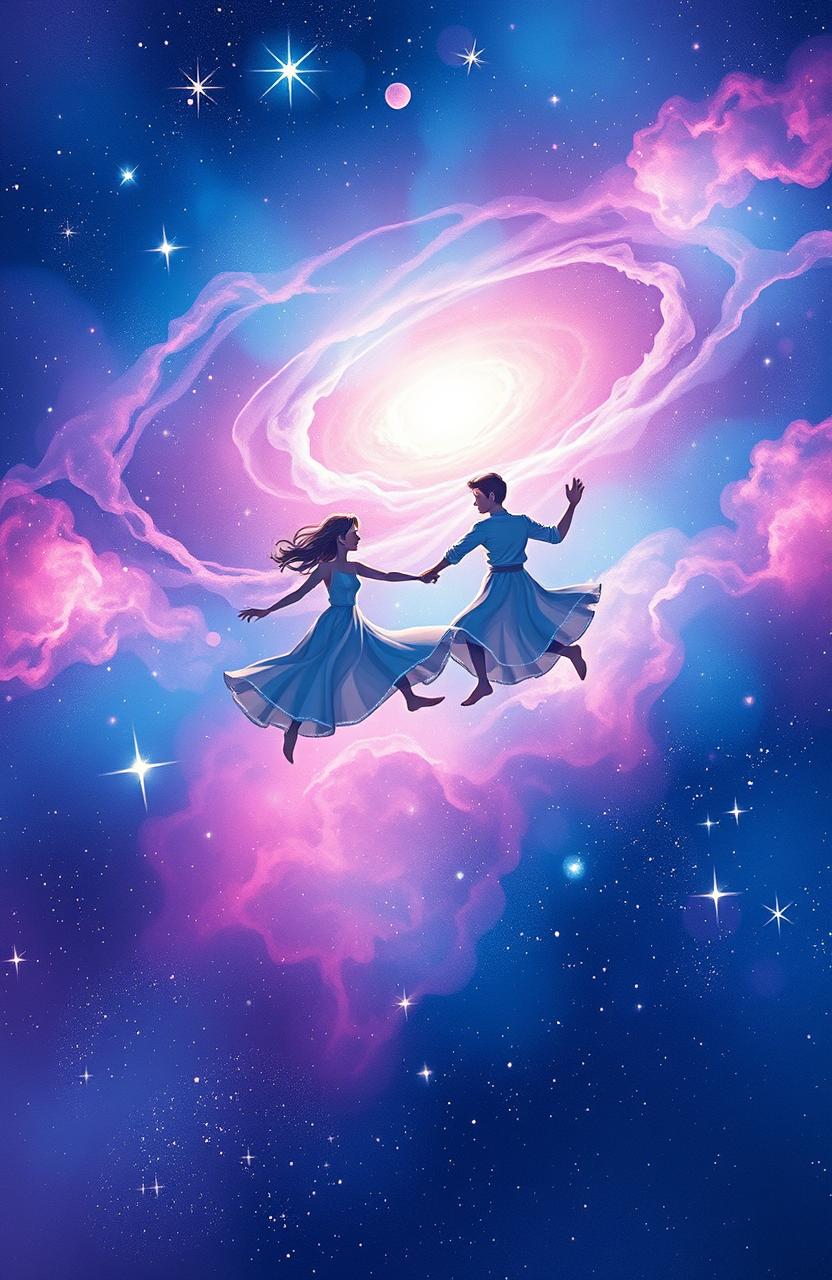 A beautiful book cover illustration set in a cosmic universe, featuring two figures joyfully chasing each other across a stunning nebula-filled space